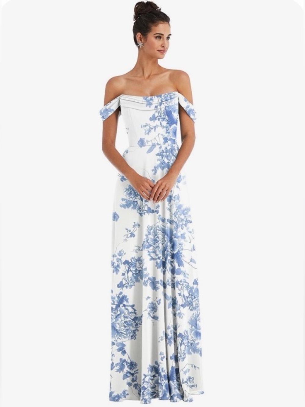DESSY GROUP Style TH065 Cottage Rose Dusk Blue Off-the-Shoulder Maxi Dress